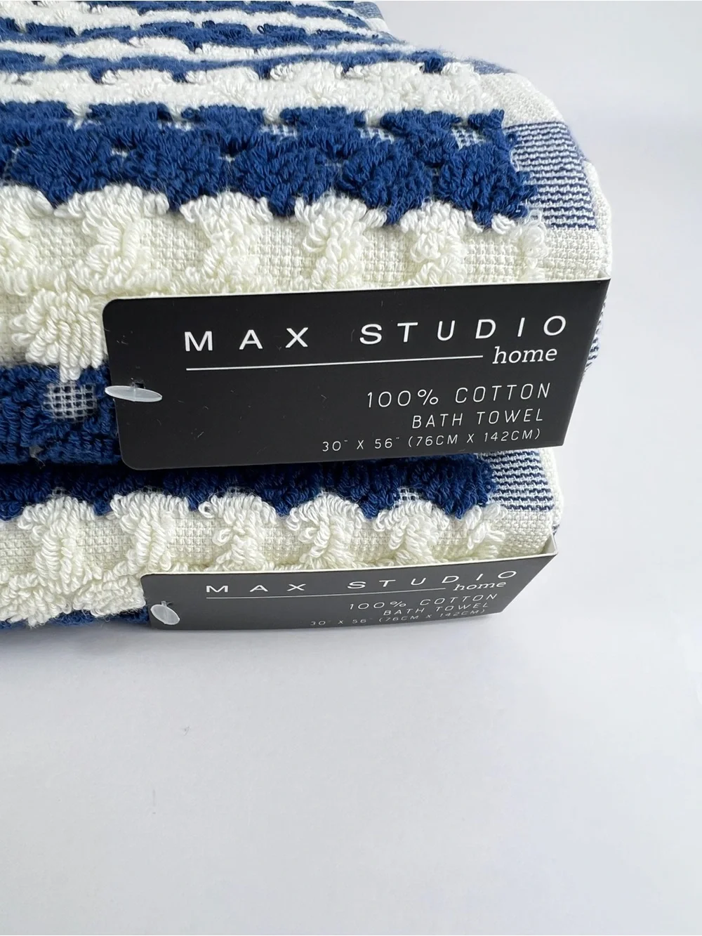 Max Studio Bath Towels Navy Cream Stripe Waffle Texture Soft Cotton 4 Pc NEW